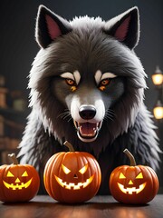 werewolf surrounded by decorative halloween pumpkins made of clay and felt

