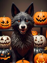 werewolf surrounded by decorative halloween pumpkins made of clay and felt