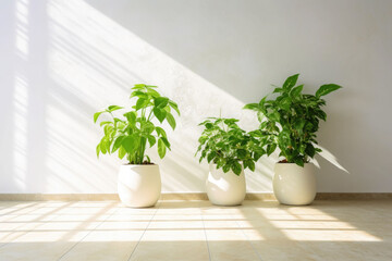 Potted green plants with white wall on the background. Sun rays. Houseplants. Generative AI - Powered by Adobe