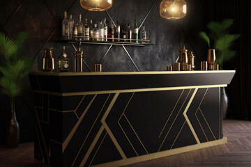 Fototapeta na wymiar Modern black bar counter with gold accents. Generative AI