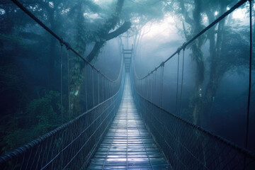 A suspension bridge in the foggy jungle. Generative AI