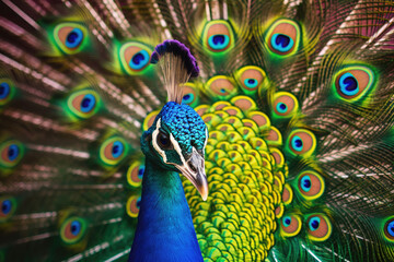 Fototapeta na wymiar Peacock with open tail. Close up shot of a peacocks colorful plumage. Generative AI