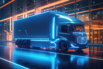 Electric truck in a futuristic environment. Truck with neon lights. Generative AI