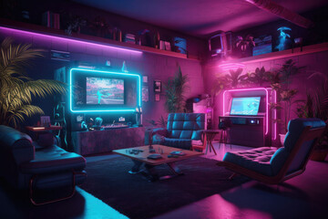 Gaming room. Neon illuminated room with computers. Generative AI