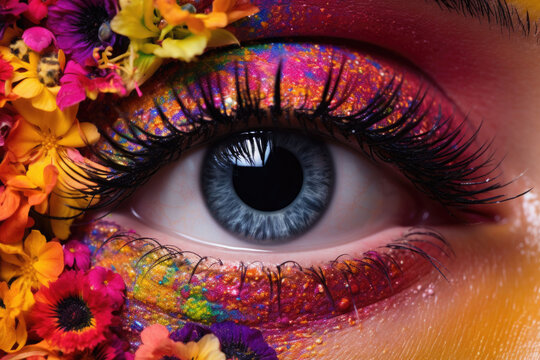 High fashion eye makeup with flowers. Beautiful holiday makeup close up. Generative AI