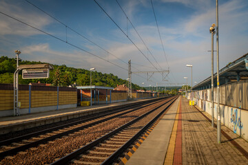 Main railway near Trencin town in west Slovakia in late afternoon