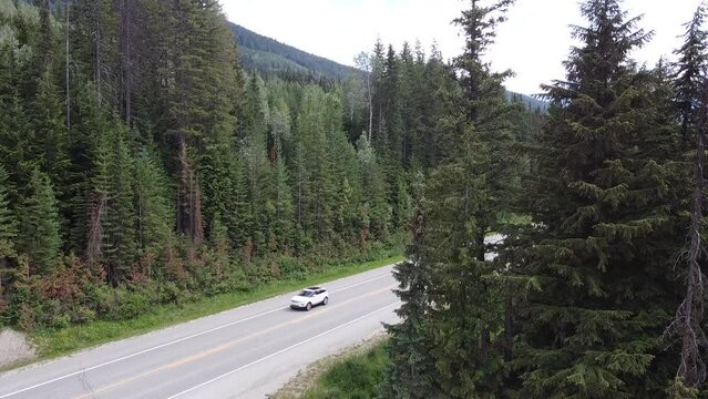 Drone Still Video of Cars Driving on Highway - British Columbia Beaver BC Canada Drone Treed Highway