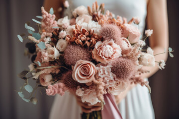 The bride holds a bouquet in boho style