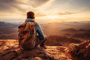 A boy hiker with a backpack sits on top of a mountain and looks at the sunset