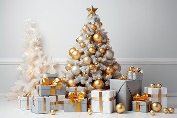 Christmas tree with gifts on white room background