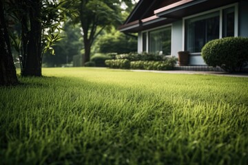 Fototapeta na wymiar Green lawn smooth grass near the house