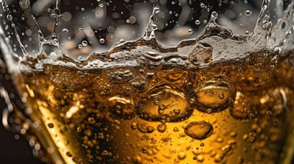 close up of beer splashing in a glass on a dark background