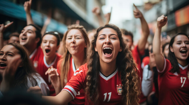 Soccer fans, wearing their national team's jerseys, are chanting and waving flags. Generative AI