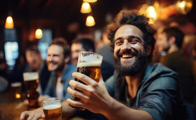 Cheerful men drinking beer at pub. Cheerful friends having fun together.