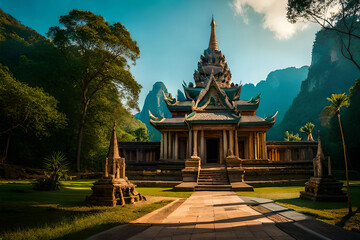 Ancient Ta Promh temple in the jungle, Cambodia. Digital painting.