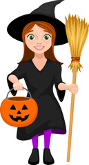 Vector illustration of a girl dressed as a witch, holding a jack-o-lantern pail and a broom, trick or treating for Halloween.