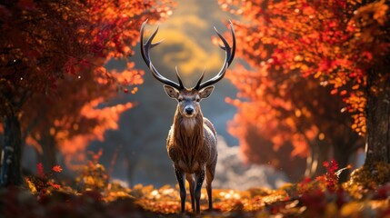 beautiful portrait of a reindeer amidst an idyllic autumn scene, its confident stride accentuated by fallen autumn leaves - obrazy, fototapety, plakaty