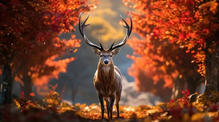  beautiful portrait of a reindeer amidst an idyllic autumn scene, its confident stride accentuated by fallen autumn leaves © pvl0707