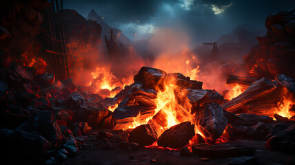 Hot coals, the process of smoldering and heat, with smoke and sparks. On a dark background. Generative AI technology.