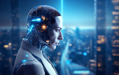 Cyborg man  thinking with cityscape background 3D rendering. Futuristic technology transformation, Chatbot, assistant