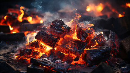 Hot coals, the process of smoldering and heat, with smoke and sparks. On a dark background. Generative AI technology.