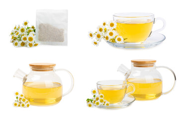 Herbal tea with fresh chamomile flowers isolated on white background. Calming and relaxing drink. Immunity.Tea bag, cup and teapot of hot chamomile tea. Tea drinking concept.