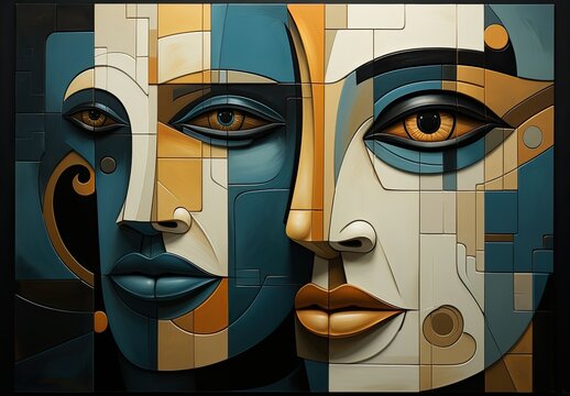 Abstract painting of two women faces of different colors