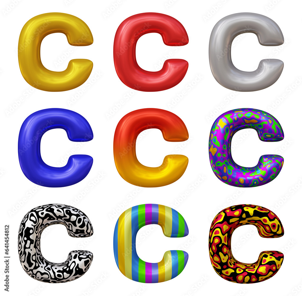 Poster set of alphabet letter c in 3d rendering isolated on transparent background for education and text c