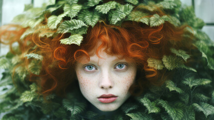 A beautiful young woman with lush green hair symbolizing the element of nature