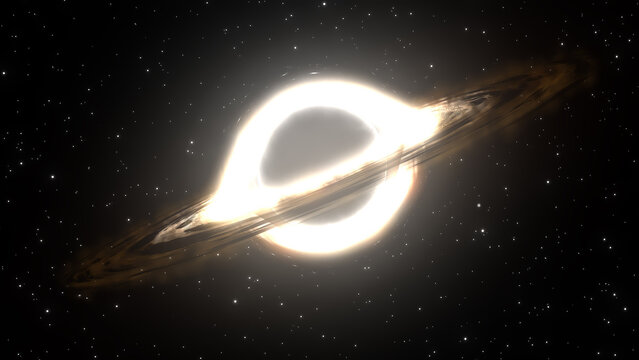 3D rendering of a supermassive black hole against a starry sky