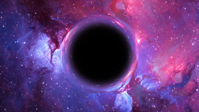 3D rendering of a supermassive black hole against a starry sky