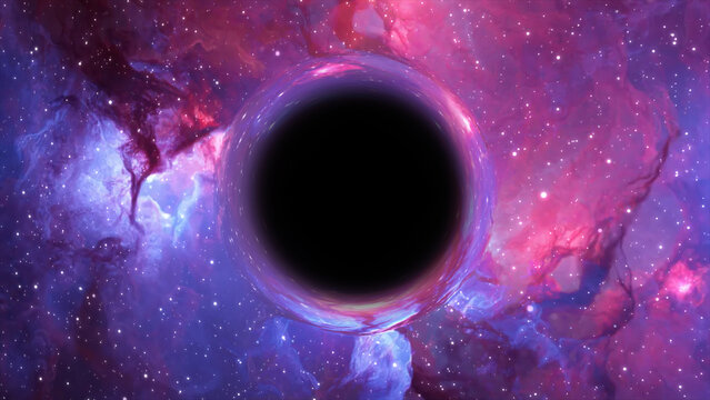 3D rendering of a supermassive black hole against a starry sky