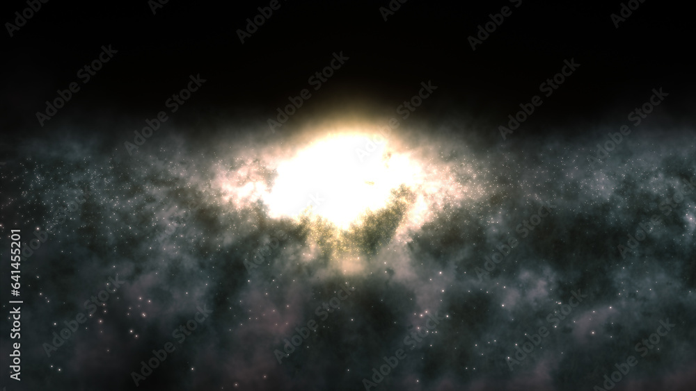 Poster 3d rendering of a bright galaxy consisting of nebulae and star clusters