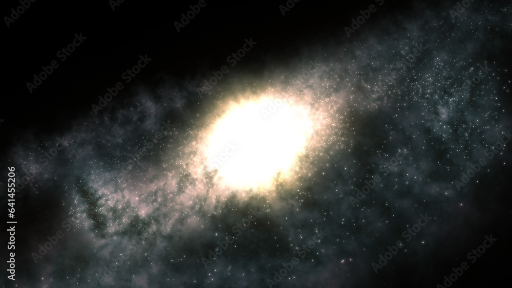 Poster 3d rendering of a bright galaxy consisting of nebulae and star clusters