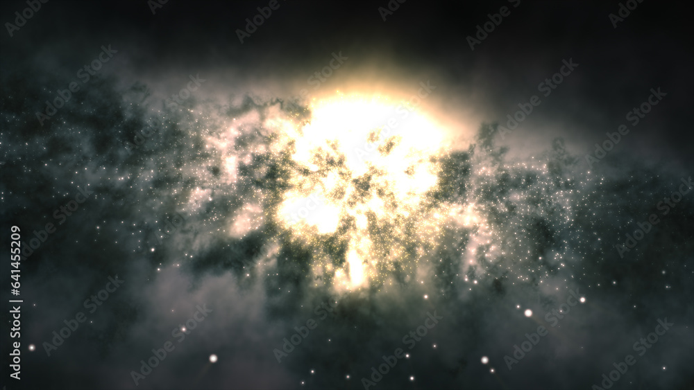 Poster 3d rendering of a bright galaxy consisting of nebulae and star clusters
