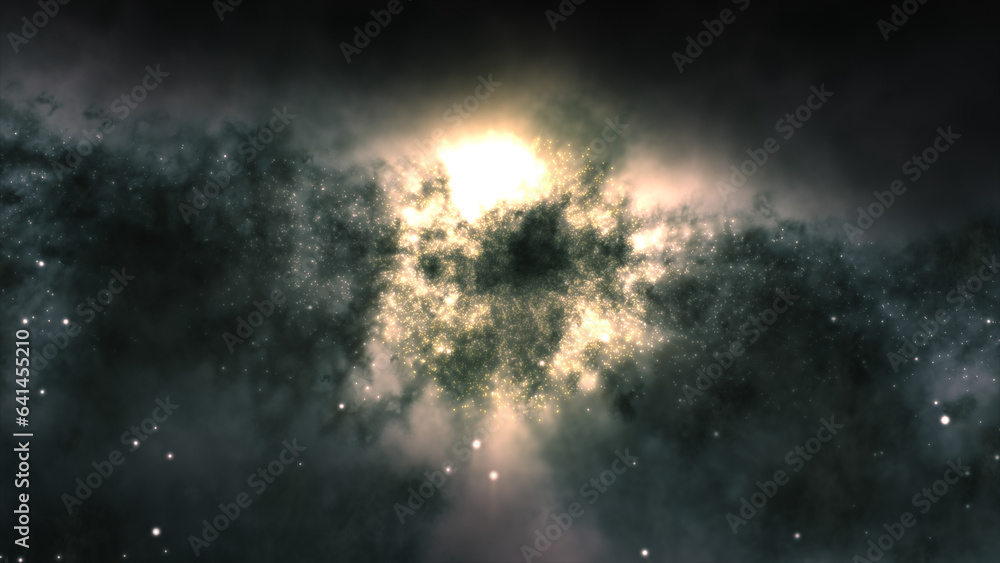Poster 3d rendering of a bright galaxy consisting of nebulae and star clusters