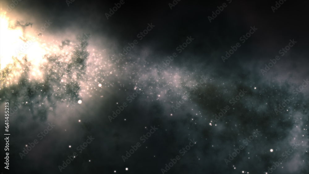 Poster 3d rendering of a bright galaxy consisting of nebulae and star clusters
