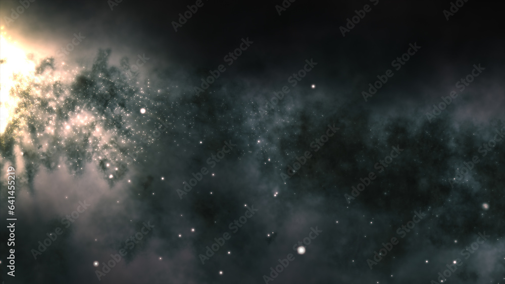 Poster 3d rendering of a bright galaxy consisting of nebulae and star clusters