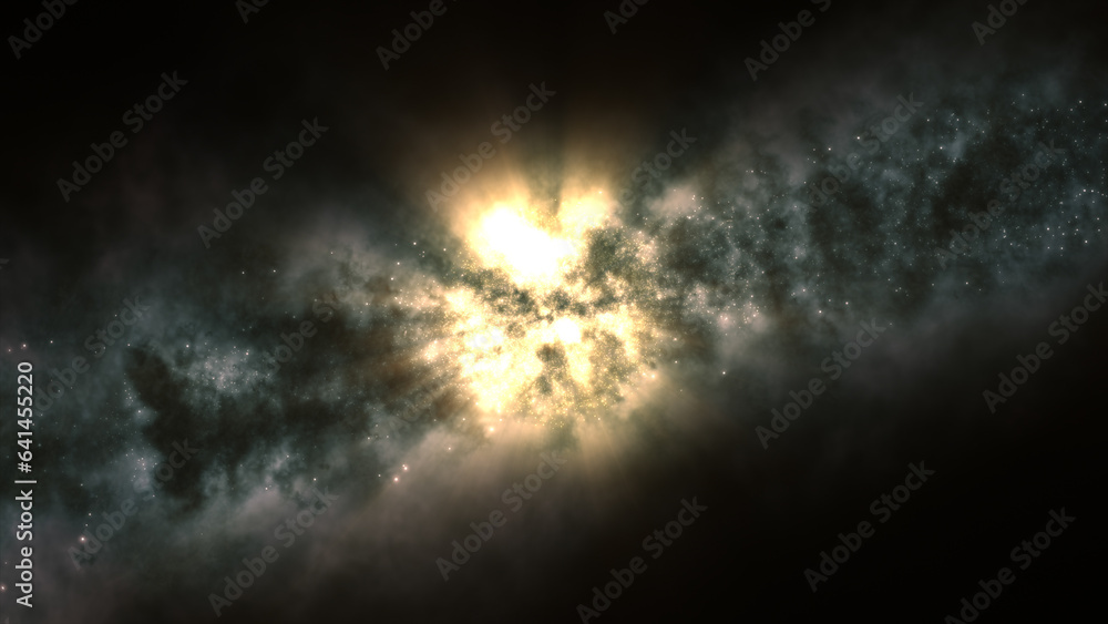 Poster 3d rendering of a bright galaxy consisting of nebulae and star clusters