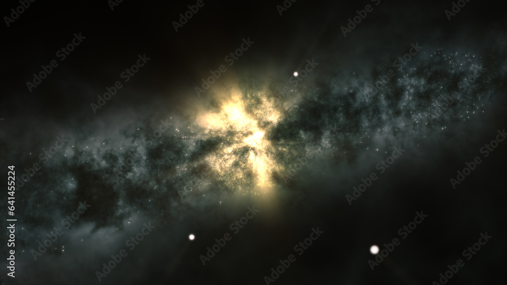 Poster 3d rendering of a bright galaxy consisting of nebulae and star clusters