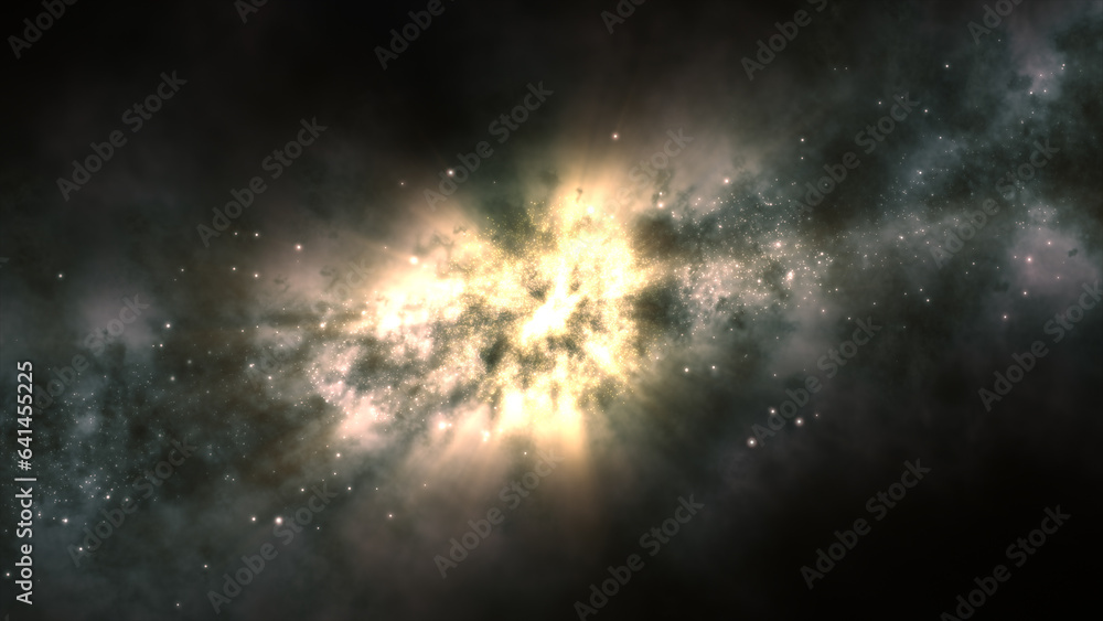 Poster 3d rendering of a bright galaxy consisting of nebulae and star clusters