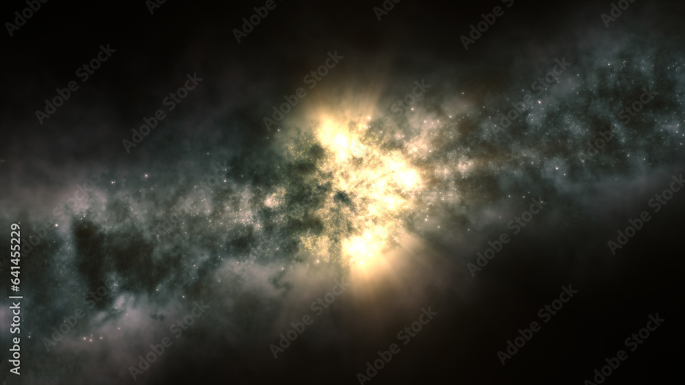 Poster 3d rendering of a bright galaxy consisting of nebulae and star clusters