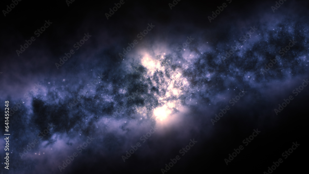 Poster 3d rendering of a bright galaxy consisting of nebulae and star clusters
