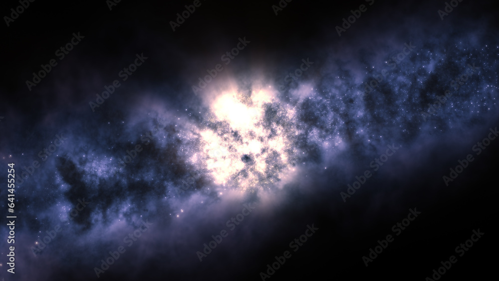 Poster 3d rendering of a bright galaxy consisting of nebulae and star clusters