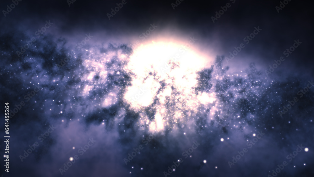 Poster 3d rendering of a bright galaxy consisting of nebulae and star clusters