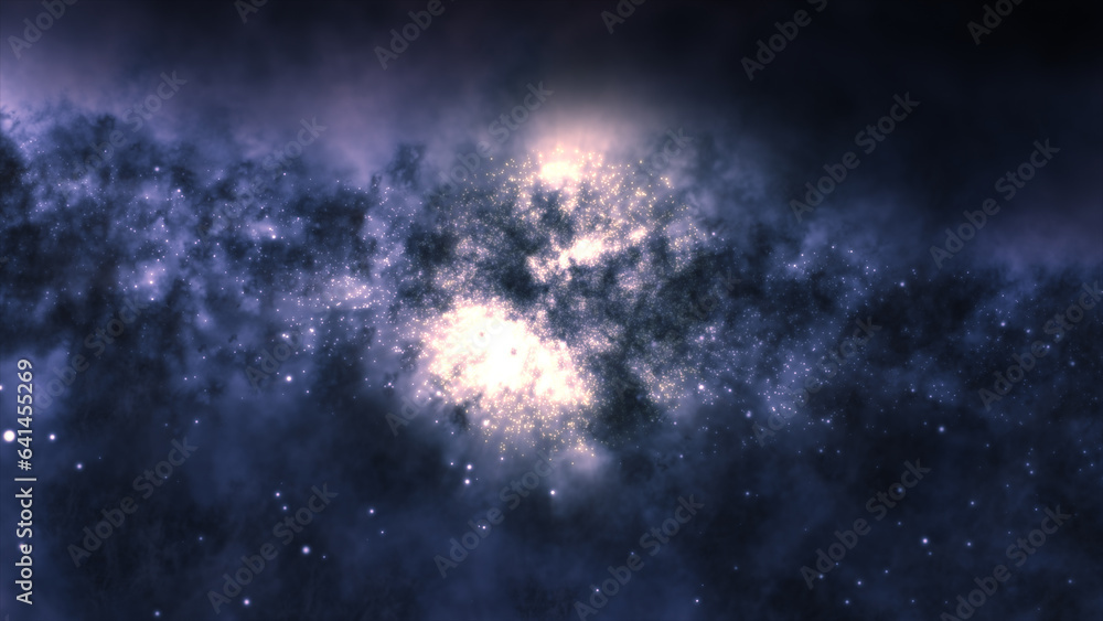 Poster 3d rendering of a bright galaxy consisting of nebulae and star clusters
