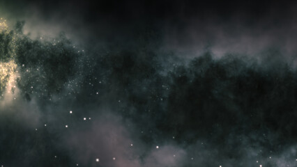 3D rendering of a bright galaxy consisting of nebulae and star clusters