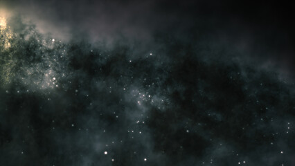 3D rendering of a bright galaxy consisting of nebulae and star clusters