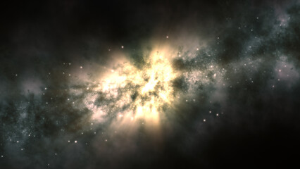 3D rendering of a bright galaxy consisting of nebulae and star clusters