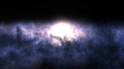 3D rendering of a bright galaxy consisting of nebulae and star clusters